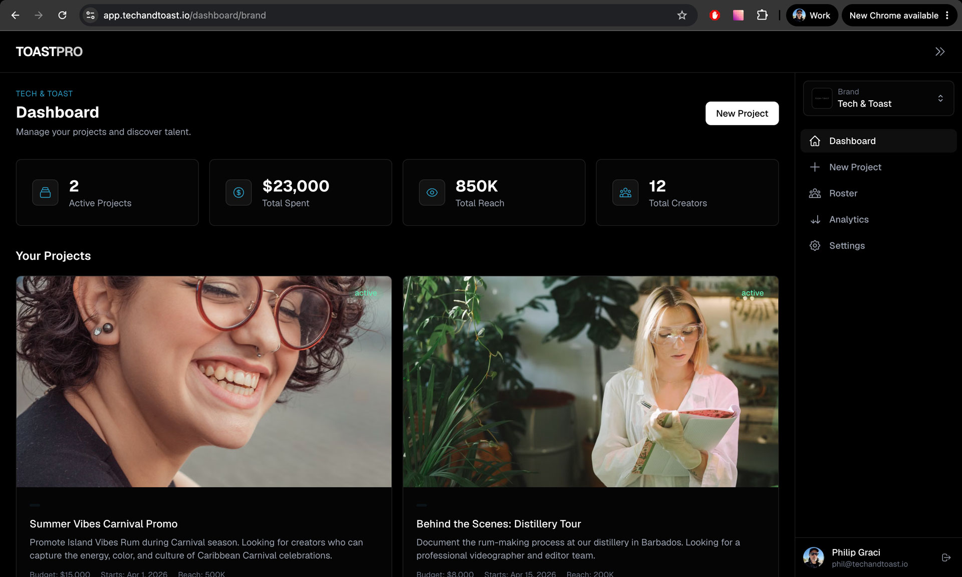 TOASTPRO dashboard — manage projects, creators, and campaign analytics